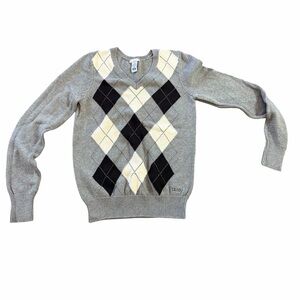 IZOD Golf Argyle Sweater Women XS Gray Black Cream V-Neck Cotton Classic
